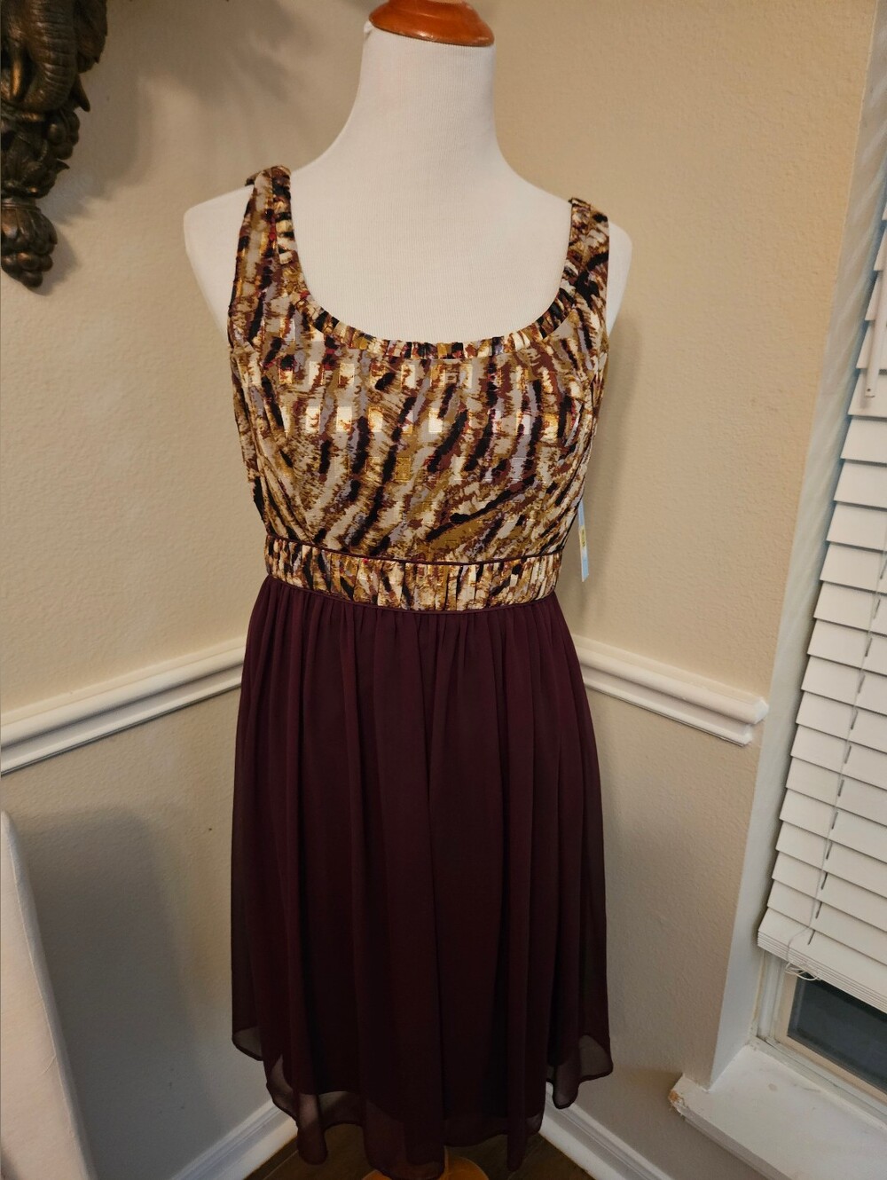 Sleeveless Burgundy and Metallic Print Dress